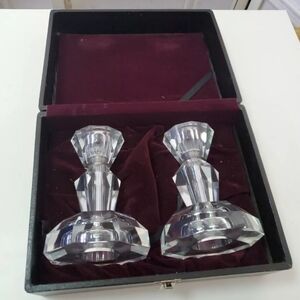 Pair of Vintage Prism Cut Glass Pedestal Candlestick Holders